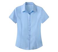 Summer Shirts for Women Short Sleeve Elastic Slim Fit Button Down Work Top Solid Color Breathable Comfortable Shirt for Daily Holiday (Light Blue, XXL)