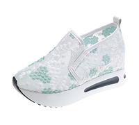 Summer Shoes Fashion Breathable Lace Mesh Flower Embroidery Round Head Thick Bottom Comfortable Casual Shoes Green