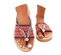 Summer Shoes Women's Bohemian Flat Sandals Summer Open Toe Slip On Flip Flops Clip On Flat Slide Sandals Colourful Beach Shoes Summer Mules with Ethnic Print, red, 6 UK