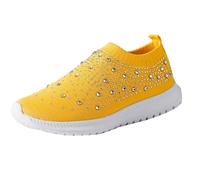 Summer Shoes Women's Elegant with Glitter, Trainers Women's Summer Casual Shoes with Rhinestone Sports Shoes Without Laces Trainers Comfortable Slip-On Walking Shoes Breathable Running Shoes, yellow