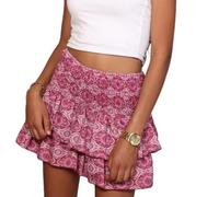 Summer Shorts for Women 2024 Elastic High Waisted Pleated Ruffle Mini Skirts Floral Print A Line Casual Beach Short Skirt (Rose,S)
