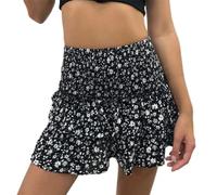 Summer Shorts for Women 2024 Elastic High Waisted Pleated Ruffle Mini Skirts Floral Print A Line Casual Beach Short Skirt (Black Pattern,M)
