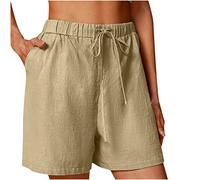 Summer Shorts for Women UK Plus Size with Pocket Elastic High Waist Cotton Linen Shorts Solid Drawstring Shorts Straight Legs Tracksuit Bottoms Ladies Beach Shorts UK Size 10 12 14 16 18 20 22 Sale
