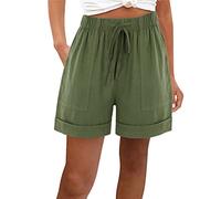 Summer Shorts for Women UK Plus Size with Pocket Elastic High Waist Cotton Linen Shorts Solid Wide Legs Drawstring Straight Legs Tracksuit Bottoms Ladies Beach Army Green XXL