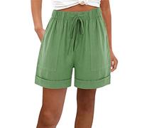 Summer Shorts for Women UK Plus Size with Pocket Elastic High Waist Cotton Linen Shorts Solid Wide Legs Drawstring Straight Legs Tracksuit Bottoms Ladies Beach Green 3XL