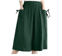 Summer Shorts for Women UK Plus Size with Pocket Elastic High Waist Cotton Linen Shorts Solid Wide Legs Half Pants Drawstring Baggy Short Trousers Straight Legs Tracksuit Bottoms Ladies Green