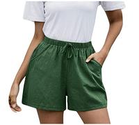 Summer Shorts for Women UK Warehouse Clearance Pull On Cotton Linen Shorts Elasticated Waist Loose Casual Pants Comfy Solid Color Short Pants with Pockets and Drawstring Size 8-18 Green