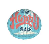 Summer Shower Cap,Vintage 'Beach Is My Happy Place' Sign With Palm Tree Waterproof Double Layer Bath Caps Perfect For All Hair Lengths And Thicknesses