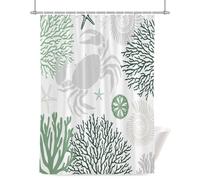 Summer Shower Curtain for Bathroom, Green Grey Crab Coral Seashell Nautical Coastal Ocean Waterproof Cloth Fabric Bathroom Accessories Set with 12 Rust Proof Plastic Hooks, 72” x 78”