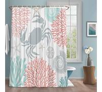 Summer Shower Curtain with 12 Hooks Red Orange Crab Coral Seashell Nautical Coastal Ocean Waterproof Fabric Shower Curtains Sets for Bathroom Bath Decorations, Machine Washable, 72"x84"