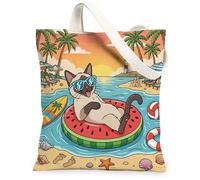 Summer Siamese Cat Beach Canvas Tote Bag for Shopping 13 * 15, Coastal Kitten Beachy Swim Reusable Grocery Bag for Women, Tropical Aesthetic Painting Gift Decoration