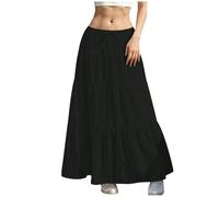 Summer Skirts for Women UK Elasticated Waist Pleated Skirt Knee Length a Line Maxi Skirts Plus Size Drawstring Beach Half Dress Ladies Flowy Hiking Skater Long Dressing Size S-2xl A-Black