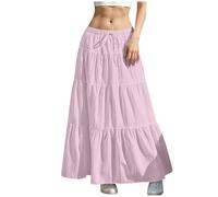 Summer Skirts for Women UK Elasticated Waist Pleated Skirt Knee Length a Line Maxi Skirts Plus Size Drawstring Beach Half Dress Ladies Flowy Hiking Skater Long Dressing Size S-2xl B-Pink