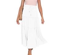 Summer Skirts for Women UK Elasticated Waist Pleated Skirt Knee Length a Line Maxi Skirts Plus Size Drawstring Beach Half Dress Ladies Flowy Hiking Skater Long Dressing Size S-2xl C-White