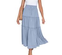 Summer Skirts for Women UK Elasticated Waist Pleated Skirt Knee Length a Line Maxi Skirts Plus Size Drawstring Beach Half Dress Ladies Flowy Hiking Skater Long Dressing Size S-2xl