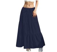 Summer Skirts for Women UK Elasticated Waist Pleated Skirt Knee Length a Line Maxi Skirts Plus Size Drawstring Beach Half Dress Ladies Flowy Hiking Skater Long Dressing Size S-2xl A-Navy