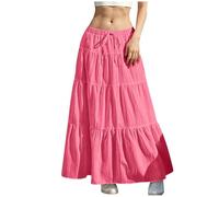 Summer Skirts for Women UK Elasticated Waist Pleated Skirt Knee Length a Line Maxi Skirts Plus Size Drawstring Beach Half Dress Ladies Flowy Hiking Skater Long Dressing Size S-2xl