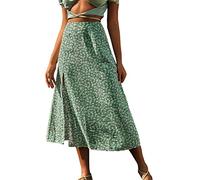 Summer Skirts for Women UK Floral Midi Skirt Ladies Elasticated Waist Print Stretch Long Pleated A Line Skirts Boho Loral Midi Printed Maxi Bohemian Flowy Skirt Green