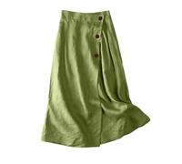 Summer Skirts for Women UK - Ladies Cotton Linen Casual Loose Boho Elastic Waist A-Line Beach Flowy Swing Vacation Midi Skirt,Green,L,u654k