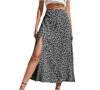 Summer Skirts for Women UK Sale Clearance Ladies Floral Print Split Midi Long Length Skirt Casual Swing Flowy Skirt Beach Party Vacation Full Length Skirts Elegant Dress Black