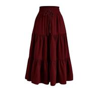 Summer Skirts for Women UK Tiered Skirt Elasticated Waist Maxi Midi Long Skirts Solid Color Boho A Line Skirt Drawstring Waist Ruffled Flowy Swing Sundress for Daily Date Travel Holiday Party