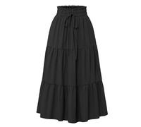 Summer Skirts for Women UK Tiered Skirt Elasticated Waist Maxi Midi Long Skirts Solid Color Boho A Line Skirt Drawstring Waist Ruffled Flowy Swing Sundress for Daily Date Travel Holiday Party Black