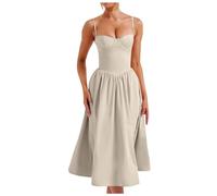 Summer Sleeveless Dresses for Women UK Spaghetti Strap Lace Up Midi Dress Vintage Bustier Wedding Guest Dress Elegant Ladies A Line Swing Strappy Long Dresses Vacation Boho Beach (Beige, XL)