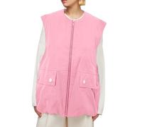 Summer Sleeveless Tank Top for Women New Border Europe And The United States New Women's Sleeveless Pockets Loose Vest Solid Color Cardigan Zipper Fashion Jacket Women And Top Women (Pink, M)