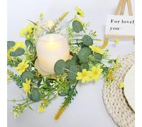 Summer Small Daisy Candle Rings Wreaths 2 Pack Artificial Eucalyptus Yellow Floral Candle Ring for Cabinet Pillar Candle Holiday Windows Mantle Table Decor (Yellow)