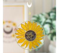 Summer Solstice Sunflower Suncatcher - Sunflower, Pentagram, Star, and Crescent Moon Design Metal and Resin Craftsmanship - Brightens Spaces with Cheerful Glow and Vibrant Colors