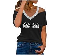 Summer Sparkle Tops for Women Skeleton Bones Hands Print V-Neck T-Shirt Ladies Cold Shoulder Blouse Short Sleeves Shimmer Party Night Club Dressy Clothes