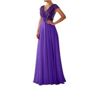 Summer Sparkly Cocktail Dress for Women UK Sale Sequin Chiffon Elegant Glitter Bridesmaid Dress Cap Sleeves Maxi Long Tulle Party Evening Dress V Neck Floor-Length A Line Wedding Guest Shiny Prom Gown
