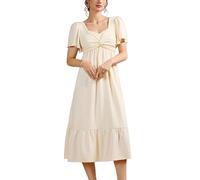 Summer Square V-Neck Wrap Twist Knot Short Sleeve Empire Waist Midi Maxi Dress A-Line Ruched Flowy Dress Beige