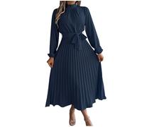 Summer Stand Collar Knee Length Dresses for Women Swing Solid Color Beach Dresses for Women Ruffle A Line Boho UK Tie Front Long Sleeve Sundresses Navy