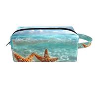 Summer Starfish Beach Background Women’s Leather Cosmetic Bag Pouch with Handle, Waterproof Hanging Toiletry Travel Bag, Small Pencil Case for Kids