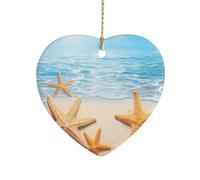 Summer Starfish Ceramic Christmas Ornaments Personalized Heart Porcelain Hanging Pendant Double-Sided Printing Xmas Tree Ornament for Holiday Keepsake Gifts 3 Inch