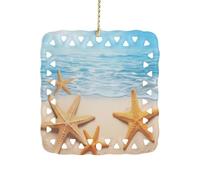 Summer Starfish Christmas Ornaments Xmas Ceramic Hanging Square Pendant Double-Sided Printing Xmas Tree Ornament for Holiday Keepsake Gifts 3 Inch