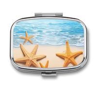 Summer Starfish Pill Box 2 Compartment Pill Organizer Travel Pillcase with Mirror Square Metal Pill Container Weekly Medicine Planner Vitamin Organizer for Pocket