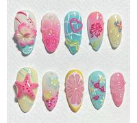 Summer Starfish Press on Nails Medium Almond Fake Nails with 3D Flower Designs Shell False Nails Butterfly Lemon Ocean Beach Acrylic Nails Pink Heart Cute Orange Stick on Nails for Women30 Pcs