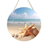 Summer Starfish Seashell 12 Inch Round Wood Sign Wall Decor, Rustic Wooden Hanging Door Sign with Rope for Home Farmhouse