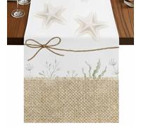 Summer Starfish Table Runner, Ocean Khaki Bowknot Sea Star Seaweed Burlap Texture Cotton and Table Linen Runner for Kitchen Dining Home Decor for Party Festival Holiday Decoration Gift 13x70in