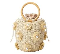 Summer Straw Bag for Women Pearl Flower Bucket Tote Bag Diamond Handbag Hand Woven Rattan Shell Purse Drawstring, A-beige, Chic,unique