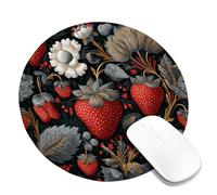 Summer Strawberry Floral Mouse Pad, Red Black Vintage Fruits Design Stitched Edge Mousepad, Rubber Non-Slip Washable Gaming Mouse Pad for Home and Office Computer, Laptop Round 8x8 Inch