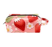 Summer Strawberry Pink Background Women Cosmetic Bag Beauty Bag, Portable Hanging Travel Toiletry Bag, Leather Make Up Pouch Kids Pencil Case