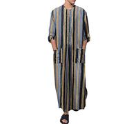 Summer Striped Casual Shirt Men - Long Sleeve Thobe Medieval Tunic Ethnic Kaftan Robes Funky Muslim Rrobe Abaya Moroccan Thobe Beach Shirt Loose Fit Muslim Clothing Muslim Dress With Pockets