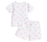 Summer Style Baby Girl Round Neck Short Sleeved Top Elastic Waist Pants, Cute Little Knot Print Pattern Cozy Pajamas Set Outfits Soft Comfortable #D