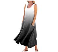 Summer Summer Dresses Casual Gradient Print Round Neck Sleeveless Dresses Maxi A Line Beach Dress with Pockets Sun Dress for Women (Black, XXL)