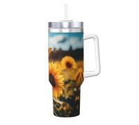 Summer Sunflower Butterfly Bule Sky Print 40oz with Straw and Lid, Stainless Steel Double Wall Vacuum Insulated Coffee Mug for Hot and Cold Coffee, Travel Mug with Handle