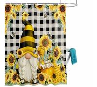 Summer Sunflower Dwarf Shower Curtain for Bathroom, Yellow Flowers Black White Plaid Waterproof Cloth Fabric Bathroom Accessories Set with 12 Rust Proof Plastic Hooks, 60” x 72”