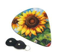 Summer Sunflower Printed Guitar Picks, 6 Pack with Leather Keychain Pick Holder - 0.46mm, 0.71mm, 0.96mm Assorted Thickness for Acoustic Ukulele, Electric Guitar, Acoustic Guitar, Bass